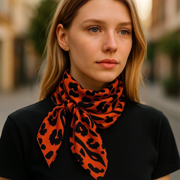 NWT SILKLETTE Kelly 100% Fine Silk Kerchief Scarf ORANGE/BLACK - Picture 3 of 6